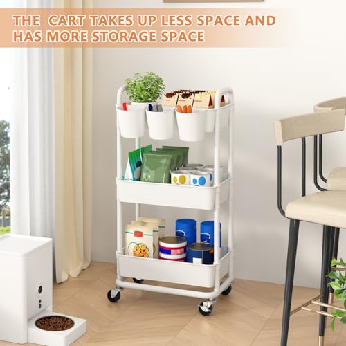 3-Tier Plastic Rolling Storage Cart Utility Cart with Extra Hanging Cups Handles Lockable Wheels for Living Room Bathroom Kitchen Office White | Utility Cart with Extra Hanging Cups Arc-Shaped Handles Lockable Wheels for Living Room Bathroom Kitchen Offic