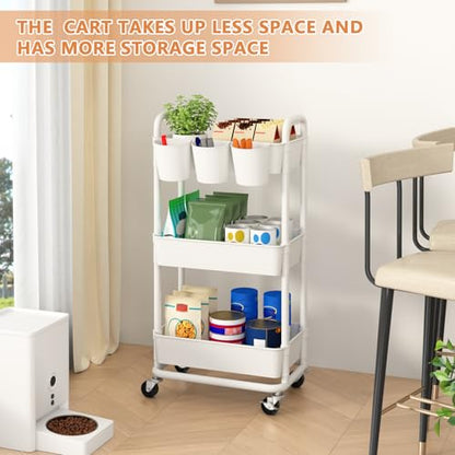 3-Tier Plastic Rolling Storage Cart Utility Cart with Extra Hanging Cups Handles Lockable Wheels for Living Room Bathroom Kitchen Office White | Utility Cart with Extra Hanging Cups Arc-Shaped Handles Lockable Wheels for Living Room Bathroom Kitchen Offic