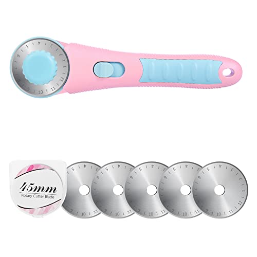 Headley Tools Rotary Cutter with 5pcs 45mm Rotary Blade, Bearing Design Rolling Cutter with Safety Lock for Fabric Sewing Quilting Cloth Leather Paper and Arts & Crafts(Pink) - color: Pink with Bearing, size: 45mm