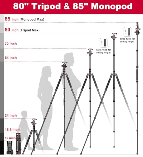 Victiv 80/85 inches Heavy Duty Tripod for Camera and Phone, 85" Camera Monopod Tripod, DSLR Binoculars Spotting Scope Camcorders Video Tripod Stand, 360 Degree Ball Head, 35 lbs Loads - color: Red