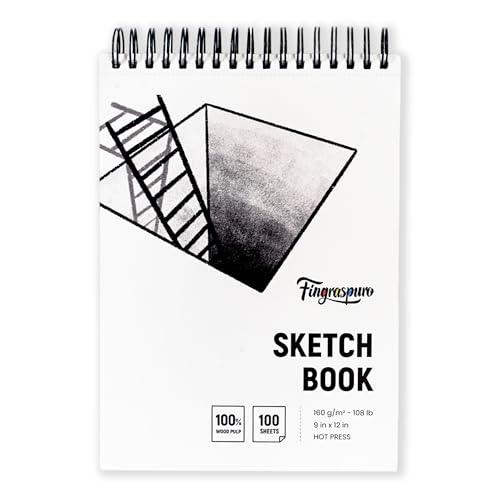 Fingraspuro 9x12 Top Spiral Sketchbook, 160 GSM, 100 Sheets, Hardcover | 108 lb acid-free hot press paper, micro-perforated sheets, for pencil, charcoal, gouache, wet and dry media
