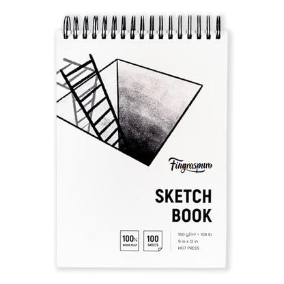 Fingraspuro 9x12 Top Spiral Sketchbook, 160 GSM, 100 Sheets, Hardcover | 108 lb acid-free hot press paper, micro-perforated sheets, for pencil, charcoal, gouache, wet and dry media