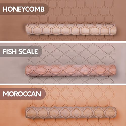 Byllstore Extra Large Clay Texture Rollers with Pottery Stamps | 3 Texture Rollers | 6 Clay Stamps | 3-Pack (9" x 1.2", 3 Pack) - color: 3 Pack | 9" x 1.2" | Fish Scale, Moroccan & Honeycomb