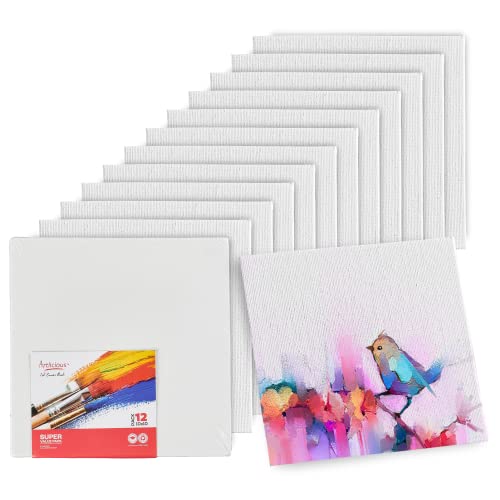 Artlicious Canvases for Painting - Pack of 12, 10 x 10 Inch Blank White Canvas Boards - 100% Cotton Art Panels for Oil, Acrylic & Watercolor Paint - size: 10x10" - 12Pcs