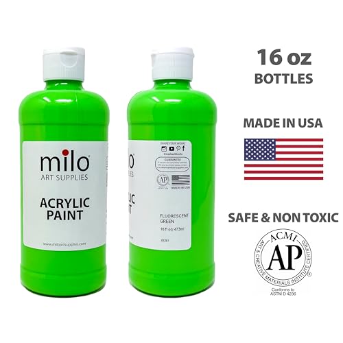 milo Fluorescent Acrylic Paint Set, 6 Neon UV Colors, 16 oz Bottles | Glows in Black Light, AP Certified Non-Toxic, Made in USA, Arts & Crafts Paints for Artists, Student, Hobby Painters, Mixable - style: Fluorescent Set 6 x 16 oz