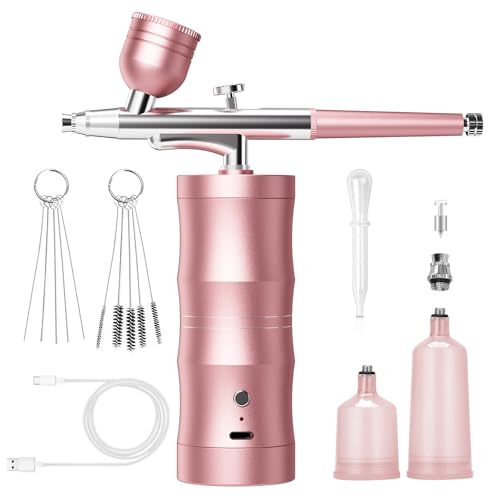 Airbrush Kit with Compressor Portable Airbrush Kit 48PSI High-Pressure Non-Clogging Air Brush Set Cordless Rechargeable with 0.3mm Nozzle and Cleaning Brush for Painting,Nail Art, Makeup (Pink) - color: Pink