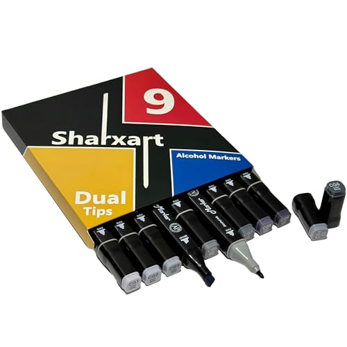 Grey Gray Alcohol Markers, 9pcs Dual Double Tips Fine Tip and Broad Tip Permanent Art Marker for Artists Adults Coloring Drawing Illustration Sketching Painting Art Supplies (Grey) - color: Grey