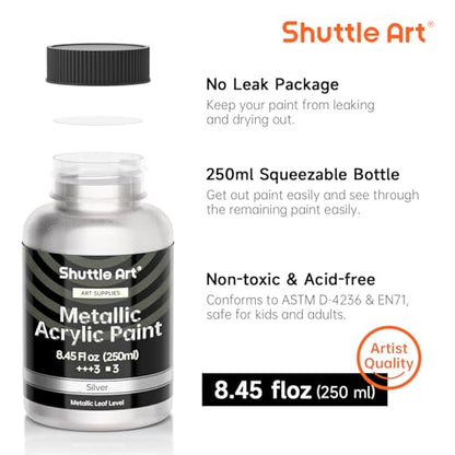 Shuttle Art Metallic Sliver Acrylic Paint, 8.45 oz (250 ml) Silver Leaf Paint With Brush, Non Toxic, Non Fading Silver Paint for Crafts, Metal, Wood, Clay, Ceramic, Canvas, Furniture - color: Silver, size: 8.45 Fl Oz (Pack of 1)