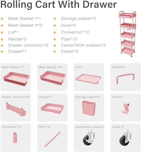 Sorgion 5 Tier Rolling Cart Organizer,Bathroom Cart Organizers with Wheels Laundry Room Organization Mobile Shelving Unit Utility Cart Storage Shelves Multi-Functional for Office, Home(Pink) - size: 5Tier-Pink