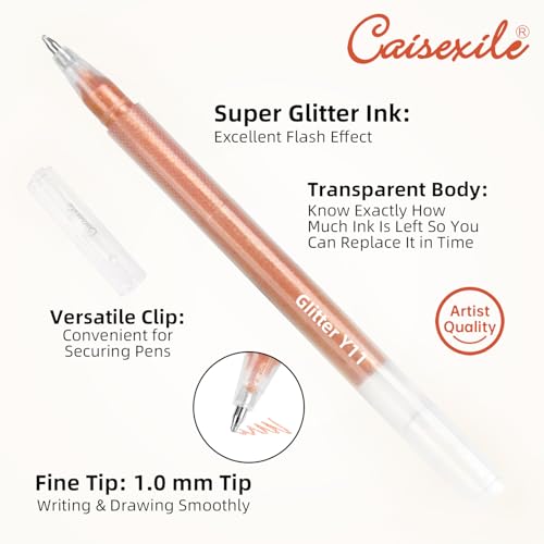 12 Yellow Glitter Gel Pens Set, 1.0 mm Fine Point for Black Paper & White Paper, Large Capacity Pens for Journaling, Adult Coloring Books, Drawing, Note Taking, Highlighting - color: yellow