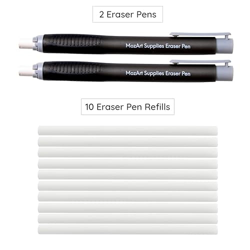 MozArt Eraser Pen Set 2 Pens + 10 Jumbo Refills for Mechanical Pencil | Precision Eraser Pens for Sketch, Drafting, Architecture & Art – Refillable Design for Artists, Students & Architects - color: Black and White