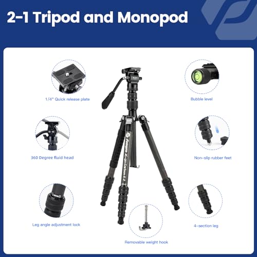 Fotopro 59" Carbon Fiber Travel Tripod, Compact Video Tripods with Fluid Head, Detachable Monopod with Quick Release Plate and Bag, Camera Tripod Load up to 8KG/17.63lbs - color: Black, size: 62" Video (Carbon Fiber)