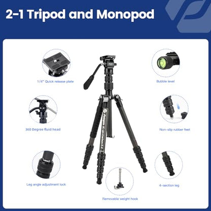 Fotopro 59" Carbon Fiber Travel Tripod, Compact Video Tripods with Fluid Head, Detachable Monopod with Quick Release Plate and Bag, Camera Tripod Load up to 8KG/17.63lbs - color: Black, size: 62" Video (Carbon Fiber)