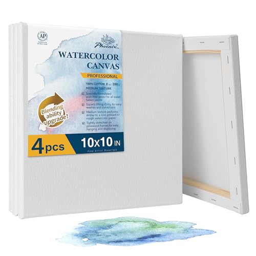 PHOENIX Professional Stretched Watercolor Canvas - 10x10 Inch/4 Pack, 100% Cotton Water Color Canvases for Painting, 8 Oz. / 260g White Blank Medium Texture Canvas for Water Based Paints - size: 10"x10", style: Framed Canvas