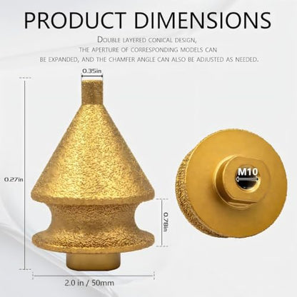 4-in-1 Diamond Chamfer Bit with M10 Hex Shank Adapter, 10-50mm Enlarging & Trimming Tool for Angle Grinder, Vacuum Brazed Diamond Grinding Wheel for Tile Marble Granite Ceramic Beveling & Hole Repair