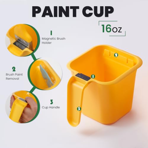 VOOMEY Handheld Paint Bucket & Cup Roller Kit with Liners for Wall Trim | 16oz Paint Cup, 3 Disposable Liners, 2in Foam Roller, 1in Trim Brush, Drop Cloth, Gloves