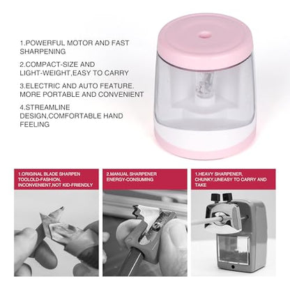 Electric Pencil Sharpener Powered by Battery Powerful Stall-Free Motor,Compact Manual Pencil Sharpener for Kids, High Capacity Shavings Tray,Affordable Gift, for Pencils (6-8mm)
