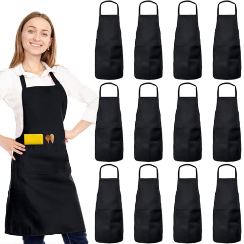 12 Pack Bib Apron, Unisex Restaurant Kitchen Aprons for Women with 2 Pockets, Chef Aprons for Cooking Men BBQ Painting Drawing Craft Plain Adults, Bulk Black