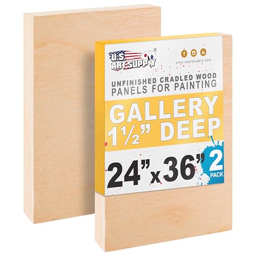 U.S. Art Supply 24" x 36" Unfinished Cradled Wood Panels for Painting, Gallery 1-1/2" Deep (2 Pack) - Artist Depth Wooden Wall Canvases - Mixed-Media Craft, Acrylic, Oil, Encaustic, Paint Pouring - size: 24" x 36"