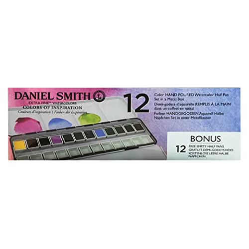 DANIEL SMITH Hand Poured Watercolor Half Pans, Color of Inspiration Set with 12 Watercolor Pans, 12 Empty Pans, 1 Metal Palette (total 25 pieces) 285650103 - style: Inspirational Half Pan Set of 12 Colors with Metal Case and 12 Empty Containers