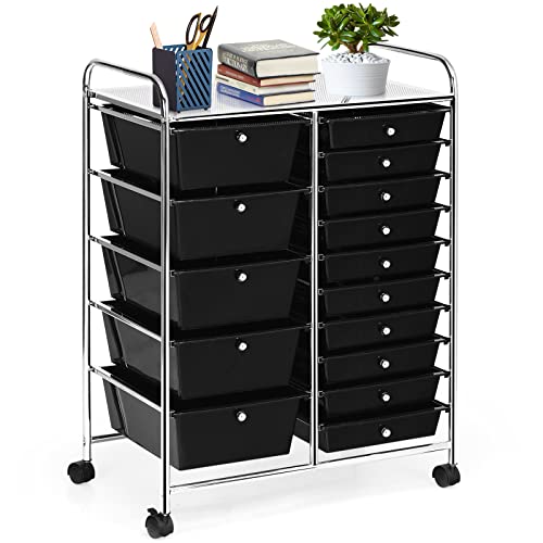 COSTWAY 15 Drawer Rolling Storage Cart, Mobile Storage Organizer | Removable Drawers & Metal Frame, Multipurpose Utility Tools Paper Organizer on Wheels for Home, Office (Black) - color: Black, size: 15 Drawer