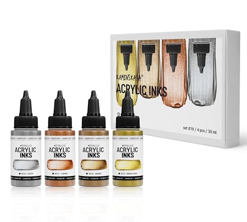 Kamenskaya Acrylic Ink Set – Essential Metallics – 4 x 1 Fl Oz Bottles - color: Silver, Copper, Bronze, Gold, style: Metallic