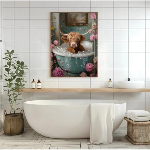 YULIDECO Highland Cow Square Diamond Art,DIY Bathroom Diamond Art Kits for Adults,Full Drill Diamond Painting Kit,Home Wall Art Diamond Painting(12x16 Inch)