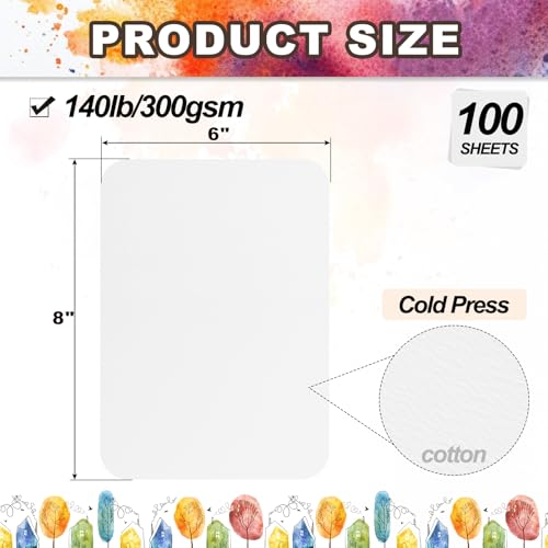 PATIKIL 100 Sheets Cotton Watercolor Paper 140lb/300 GSM Cold Press Water Coloring Paint Paper Round Corner for Art Painting Watercolor Drawing Artist, 8x6 Inch - size: 8x6 Inch