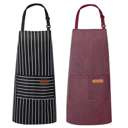 VALOME 2 Pack Kitchen Aprons with Pockets, Cooking Chef Apron for Men Women | Adjustable Neck Strap, Unisex Bib Soft Aprons, Cotton-Blend, for Grilling Cooking Gardening Baking - color: Black & Red
