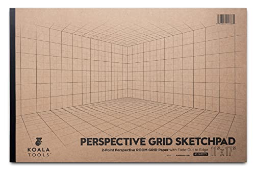 Koala Tools - 40-Page Drawing Pad for 2-Point Perspective, Room Grid Sketch Pad with 3D Virtual Walls Design, Gridded Graph Paper for Interior Room Design, Industrial, Architectural 11 x 17 inches - size: 2 Point Room - 11 x 17