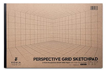Koala Tools - 40-Page Drawing Pad for 2-Point Perspective, Room Grid Sketch Pad with 3D Virtual Walls Design, Gridded Graph Paper for Interior Room Design, Industrial, Architectural 11 x 17 inches - size: 2 Point Room - 11 x 17