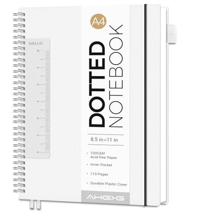 AHGXG Dotted Journal, Grid Spiral Notebook, 110 Pages, A4 (8.5" x 11") | 100 GSM Thick Dot Paper, Waterproof Plastic Cover Journals for Journaling, Sketching (Transparent) - color: Transparent, style: A4-Dotted