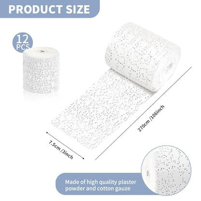 12 Rolls Plaster Strips Plaster Gauze Bandages Blank Cloth Wrap Rolls for DIY Hobby Crafts, Belly Cast, Body Molds, Mask Making, Scenery Art (3 x 106 Inches)