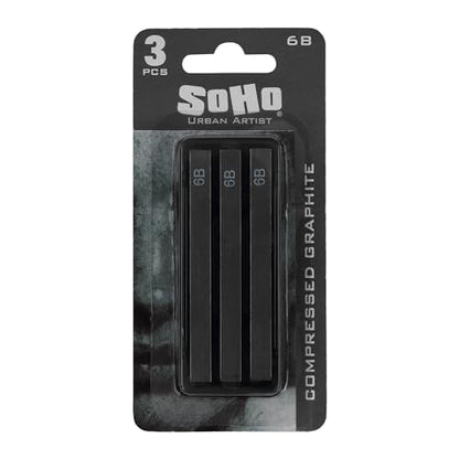 SoHo Urban Artist Compressed Graphite Sticks 6B, Pack of 3 - Premium Graphite Sticks for Drawing - Versatile & Smooth Gliding Artist Graphite - Ideal for Professionals, Students, and Artists - color: 6B