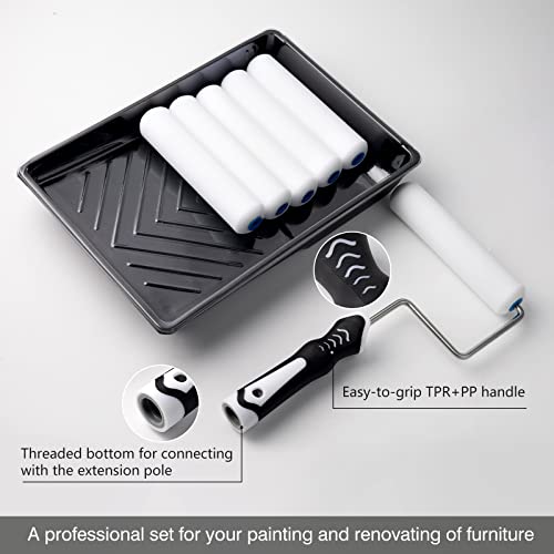 Mister Rui 9 Pack 6 Inch Foam Paint Roller Kit with Tray & Liners | High-Density Foam Rollers with Sturdy Tray & Disposable Liners. Ideal for Walls, Trim, Cabinets and Small Projects
