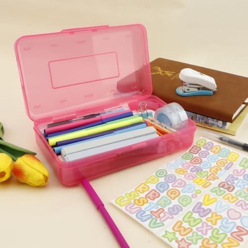 Pink Pencil Case Plastic Clear Hard Pencil Box Crayon Box Organizer 1 Pack Office Supplies Storage Container Organizer Boxes for Girls for Pens Crayon School Stylish Art Office Supplies Storage Medium - color: Pink