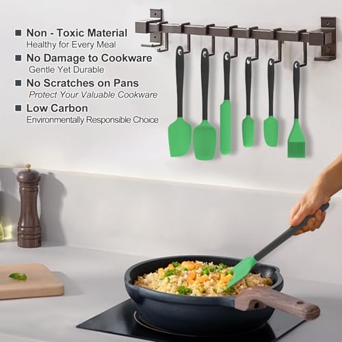 Silicone Spatula Set, 6 Pieces Food Grade Kitchen Utensils with Silicone Brush Heat Resistant Dishwasher Safe BPA-free Rubber Spatula for Scraping, Baking, Cooking, Mixing (Green) - color: Green
