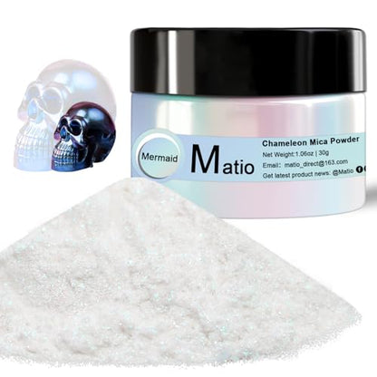 Matio Chameleon Mica Powder, 1.06oz/ 30g Mermaid White Chrome Powder | Pearlescent Effect Color Shift Pigment for Resin Craft, Soap Candle Dye, Nail Art,Bath Bomb, Paint, Slime Pigment - color: W-Mermaid