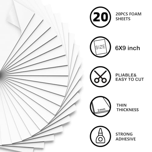 MEARCOOH 20-Pack Self Adhesive Foam Sheets, White 2mm Sticky Eva Foam Paper 6x9 Inch for 3D Crafts Cardmaking Classroom Scrapbooking - color: White, size: 152 x 229 x 2 mm