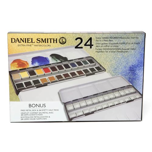 Daniel Smith Color Hand Poured Pan Set with BONUS Metal Box and Empty Half Pans, 24 Units (Pack of 1) - style: 24 Color Set Half Pan with Metal Case and 24 Empty Containers