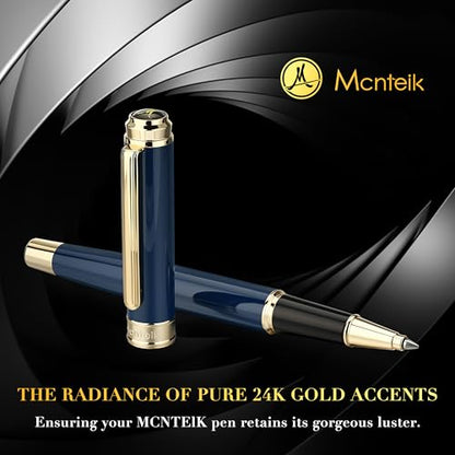 MCNTEIK 317 Rollerball - Stunning Luxury Blue Lacquer Pen with 24K Gold Finish, Schmidt Black Ink Refill, Fancy Gift Set for Men & Women, Professional, Graduation Executive Office, Nice Classic Pens - color: Blue and 24K Gold