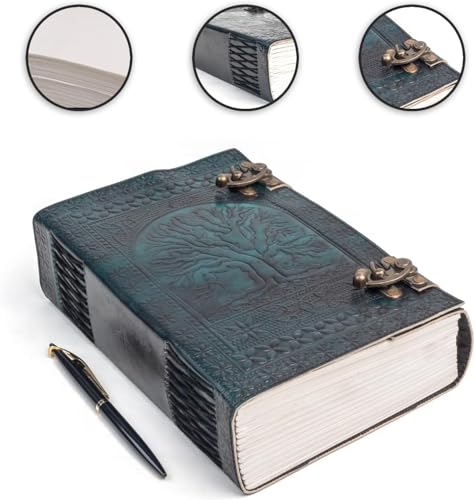 600 Pages Handmade Large Leather Journal Diary Embossed Tree of Life Book Of Shadows Notebook Writing Grimoire Sketchbook 7 x 10 Leather Bound (Green) - color: Green