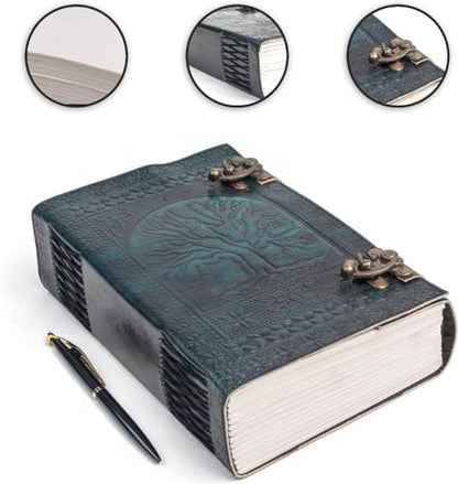 600 Pages Handmade Large Leather Journal Diary Embossed Tree of Life Book Of Shadows Notebook Writing Grimoire Sketchbook 7 x 10 Leather Bound (Green) - color: Green