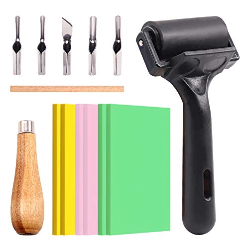 Swpeet 8Pcs Carving Rubber Tools, 6Pcs Scrapbooking Soft Rubber Stamp Carving Linoleum Blocks, 5 in 1 Linoleum Cutter Tools and Rubber Roller Brayer for Rubber Stamps, DIY Carving