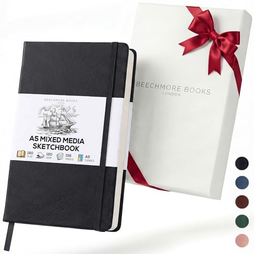 Beechmore Books A5 5.8x8.3 Mixed Media Sketchbook 160 GSM/98LB, Gift Box - color: Charcoal Black, size: A5 - 5.8" x 8.3" Medium