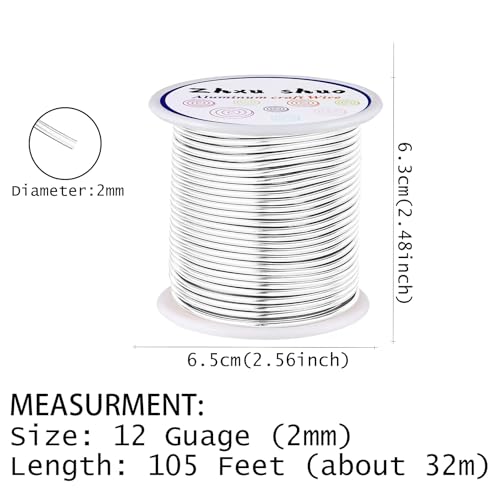 12 Gauge(2mm) Aluminum Wire 35 Yards Anodized Metal Wire for Bonsai Armature Crafting Sculpting Jewelry Craft Making Beading Floral (Silver, 12 Gauge) - color: Silver
