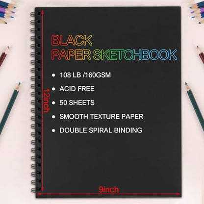 Black Paper Sketchbook 2 Pack, 9 × 12 in, 100 Sheets, 160gsm Spiral Bound | Acid-Free 108 Lb Black Paper, Left Spiral Tear-Out Pages, Hardcover for Drawing, Chalk, Gel Pens And Mixed Media - size: 9×12 Inch (2 Pack )