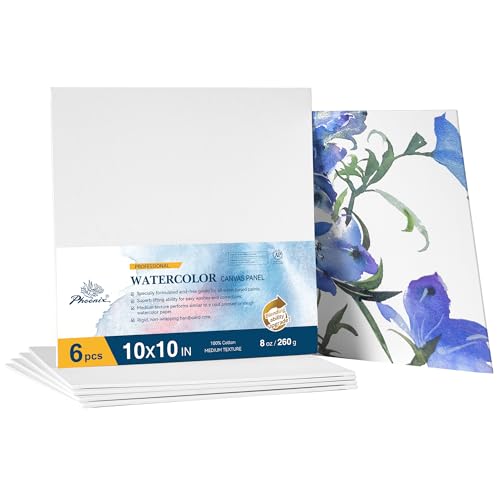 PHOENIX Watercolor Canvas Boards for Painting - 10x10 Inch/6 Pack, 100% Cotton Water Color Square Canvas Panels, 8 Oz. / 260g White Blank Medium Texture Flat Canvases for Water Based Paints - size: 10"x10", style: Canvas Panel
