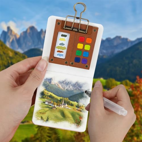 Mini Watercolor Travel Set – New Paint Palette Travel Kit, Upgrade 2026 Portable Pocket Artist Water Colours Box with 8-Grid with Picture Book, Wooden Binder, Brush, Clips, Pens for Painters Students