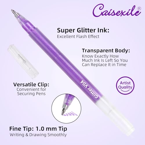 12 Purple Glitter Gel Pens Set, 1.0 mm Fine Point for Black Paper & White Paper, Large Capacity Pens for Journaling, Adult Coloring Books, Drawing, Note Taking, Highlighting - color: purple